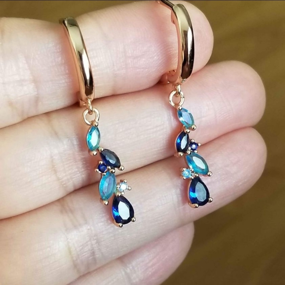 New 14K Gold Plated Blue Sapphire Aquamarine Dangle Drop Hoop Earrings for Women - Picture 3 of 6